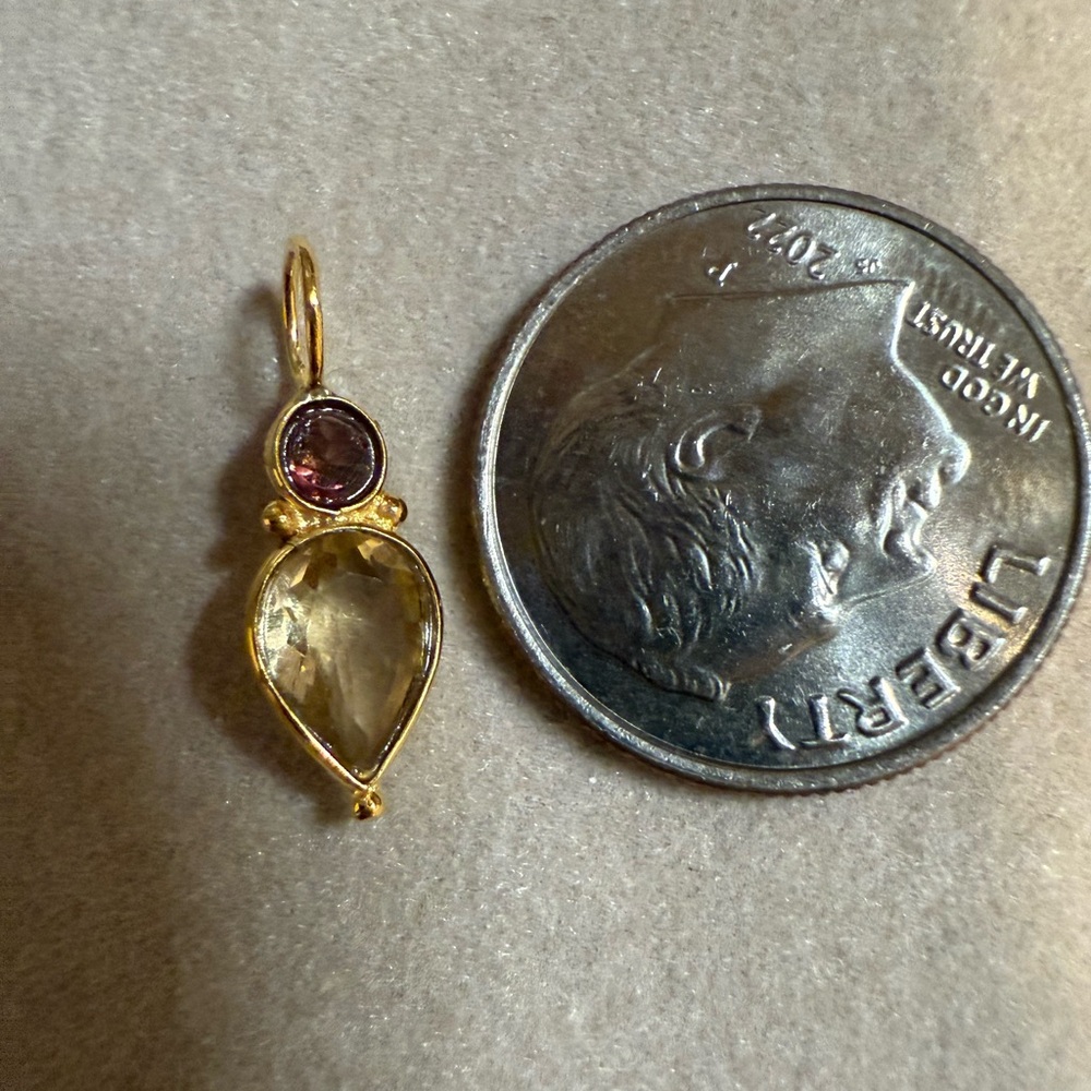 14k Solid Gold Tourmaline and Citrine Pendant **Tiny**